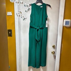 Calvin Klein Emerald Green Sleeveless V-Neck Jumpsuit with Tie Belt